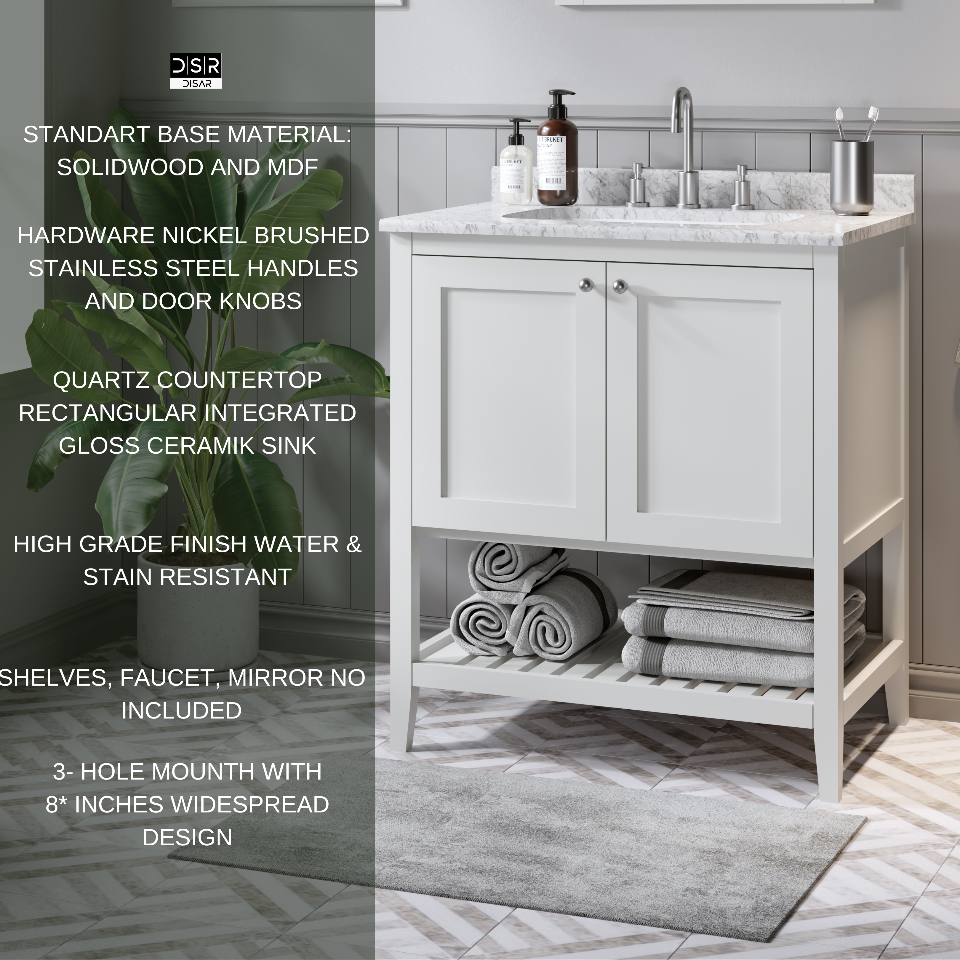 Disar 30'' Bathroom Vanity White Single Sink with Calacatta Quartz