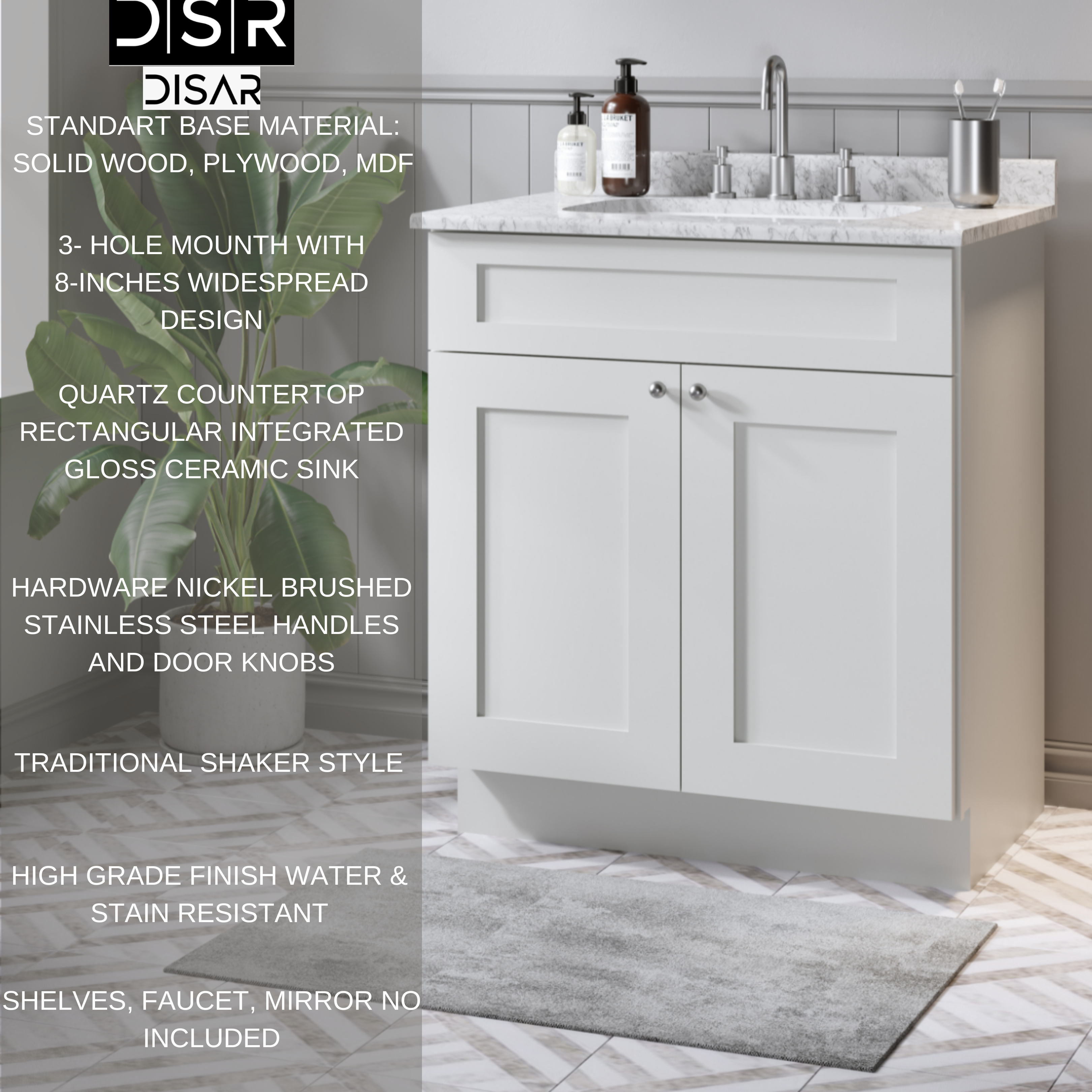 Disar 36 Inch Bathroom Vanity White Single Sink with Calacatta Quartz Top