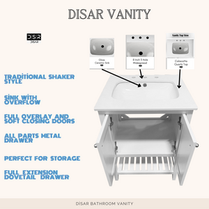 Disar 24 Inch White Single Bathroom Vanity Cabinet with Quartz Top and Modern Squared Legs