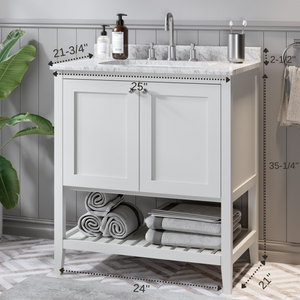 Disar 24 Inch White Single Bathroom Vanity Cabinet with Quartz Top and Modern Squared Legs