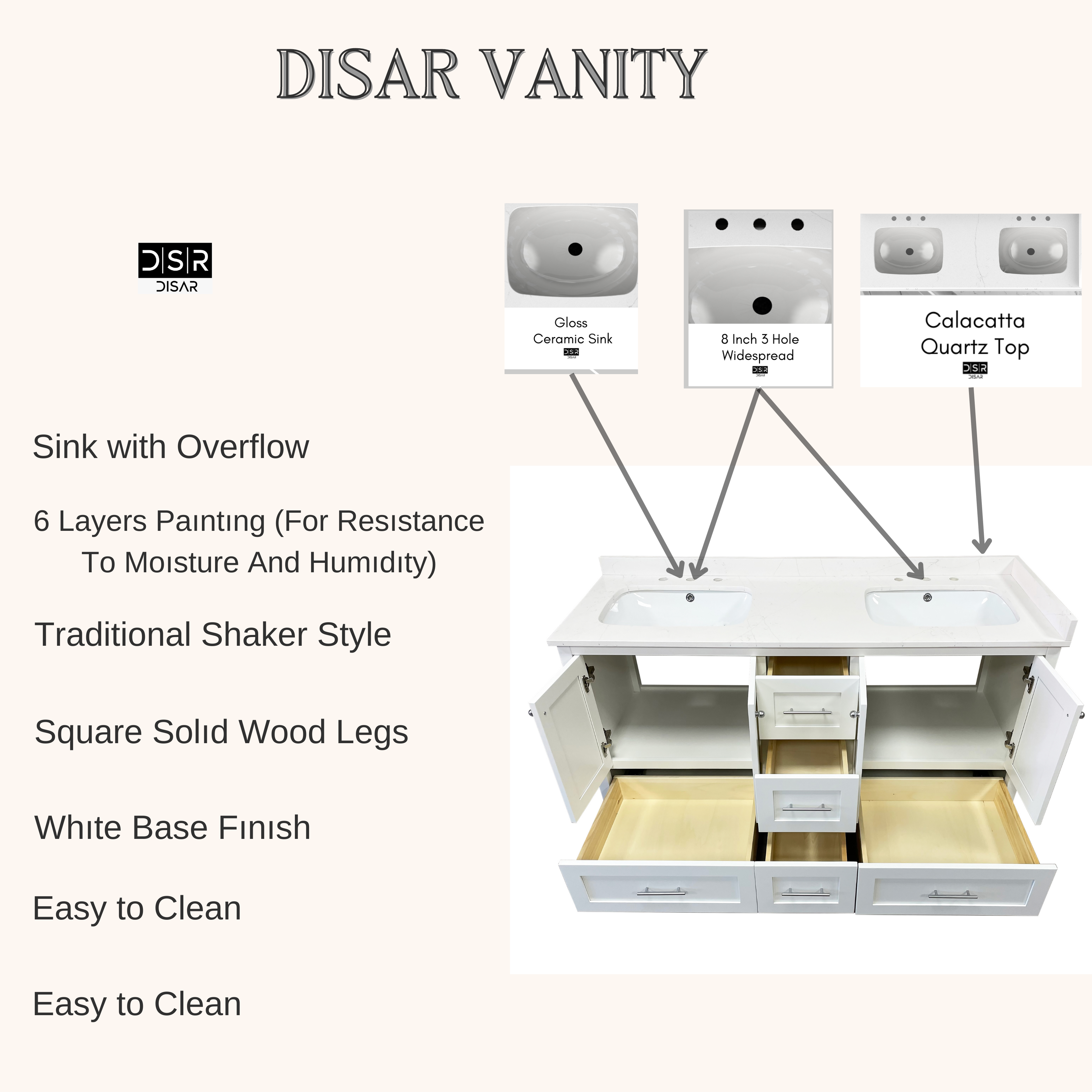 Disar 36'' White Bathroom Vanity with Calacatta Quartz Top and Left Dr -  Disar Trade